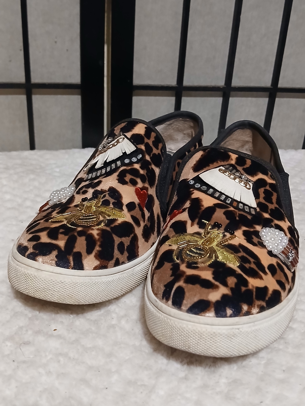 Betsey Johnson Leopard Slip-On Sneakers with Embellished Patches - Tan Black